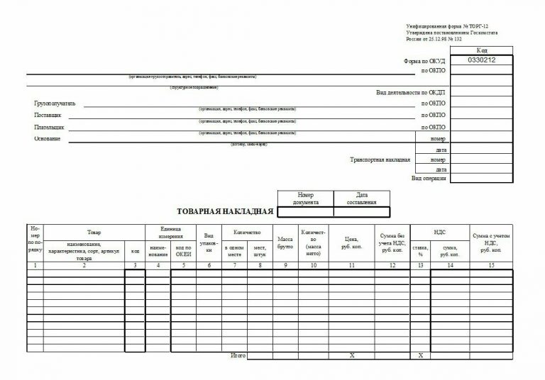 Возвратная накладная поставщику торг 12 образец